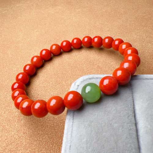 Handmade Nanhong Agate with Green Nephrite Bracelet | Natural Root Chakra Healing Stone Jewelry