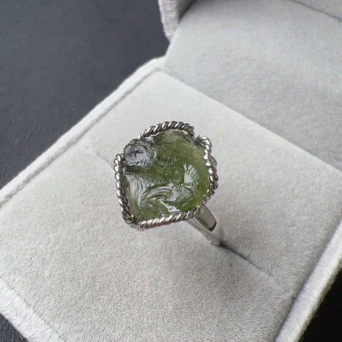 Handmade Genuine Moldavite Raw Stone Ring 925 Sterling Silver Wrapping | Rare High-frequency Healing Stone