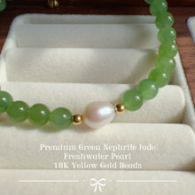 Load image into Gallery viewer, Handmade 6mm Green Nephrite Jade Beaded Bracelet with 18K Yellow Gold Bead and Freshwater Pearl
