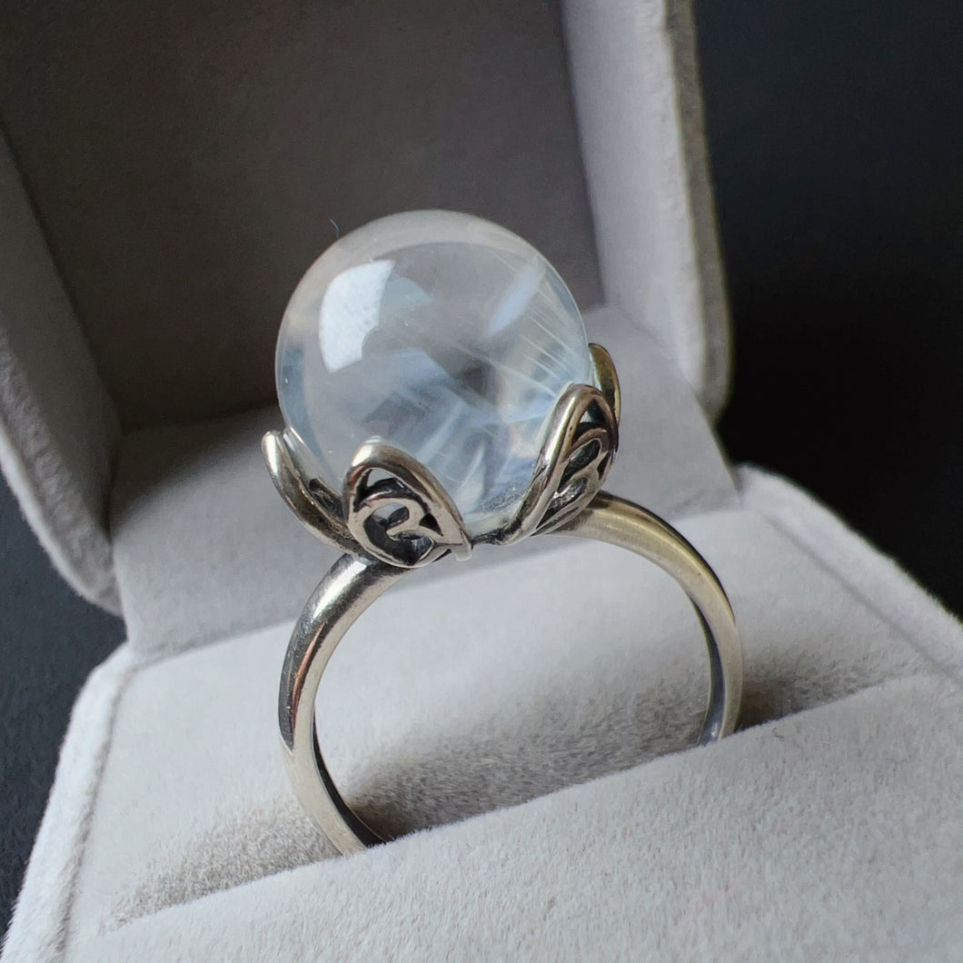 Angel's Feathers Natural Rare Blue Needle Clear Quartz Sphere Ring Handmade with 925 Sterling Silver