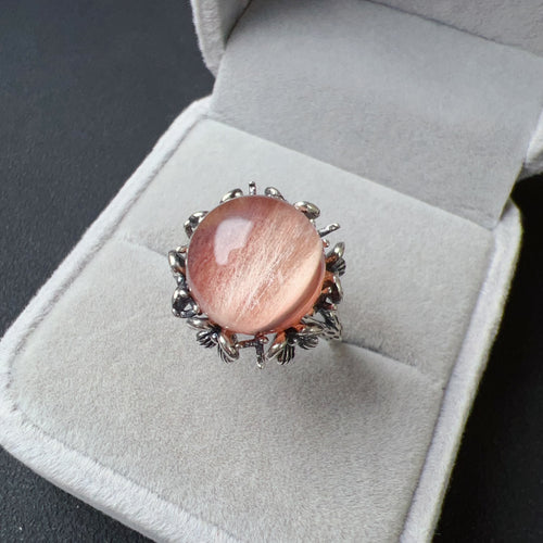 Rare Natural Pink Rabbit Hair Rutilated Quartz Sphere Ring Handmade with 925 Sterling Silver