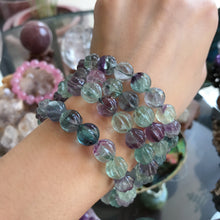 Load image into Gallery viewer, 10mm Hand-carved Rainbow Fluorite Bracelet Pisces Capricorn Lucky Stone Pumpkin Shape Elastic Healing Jewelry
