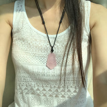 Load image into Gallery viewer, Rose Quartz Protection Shield Necklace | Men Women Jewelry | Heart Chakra Healing | Handmade with Rainow Obsidian Bead Adjustable
